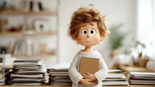 Stressed child with book in study: A cute child in a study, surrounded by a mess of books, a symbol of childhood and stress. He holds a book while looking stressed.