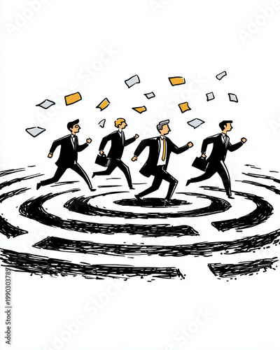 Navigating the Labyrinth of Business: Illustrative conceptual artwork depicting a determined group of professionals navigating the complexities of a challenging business environment.