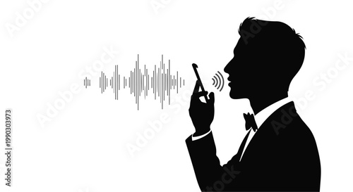 man speaking into smartphone with sound wave