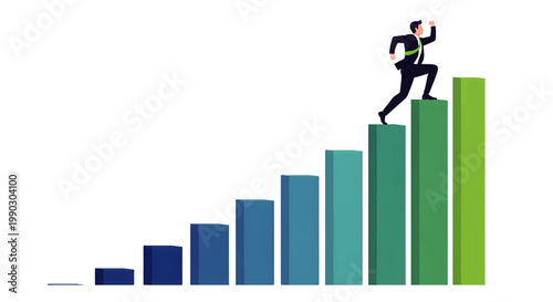 Business success growth graph with a businessman running up the steps representing progress and achievement