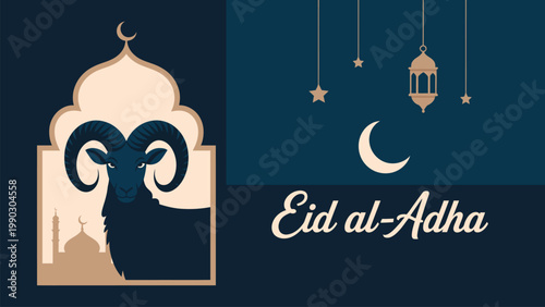 Eid al Adha Islamic festival greeting design with mosque arch ram head silhouette lanterns and stars on elegant dark blue background for celebration