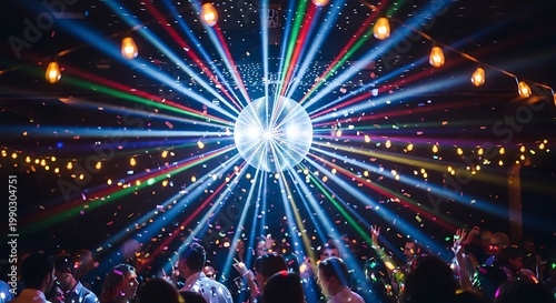 People dancing at a nightclub with colorful lights and confetti