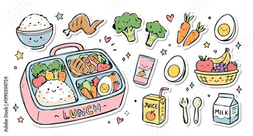Cute Lunch Box Sticker Set, Kawaii Hand Drawn Bento Box with Rice Chicken and Vegetables Doodles
