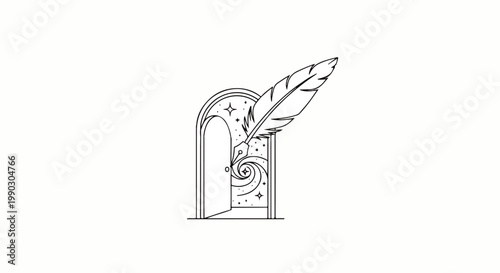 Gateway to imagination an open door leading to a cosmic starry realm, adorned with a feather quill, representing creative writing, storytelling, and discovery