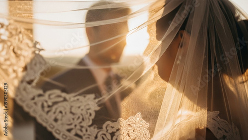 Close up of bridal lace veil with blurred groom during golden hour sunset wedding