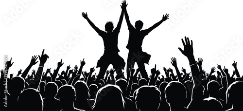 Dynamic Silhouette of a Cheering Crowd at a Live Concert or Music Festival with Two Energetic Fans on Shoulders Celebrating for Entertainment and Event Promotion