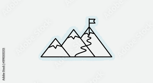 Line drawing of a mountain range with a flag on the highest peak against a white background.