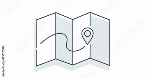 A minimalist line drawing of a folded map with a route and a location pin on a white background with subtle shadows.