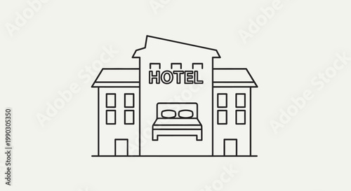 Line drawing of a hotel building with a bed visible in the center against a plain background.