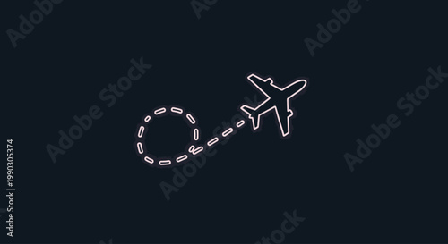 Minimalist illustration of an airplane flying in a loop on a black background with a white line and dots.