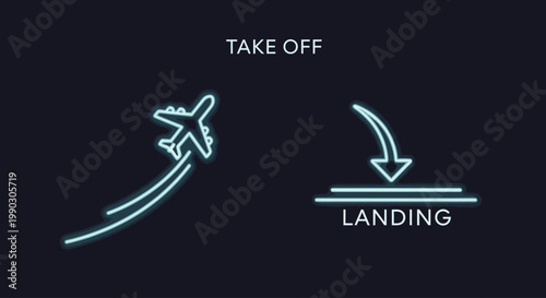 Neon-lit airplane takeoff and landing icons on a black background with glowing blue lines and text.