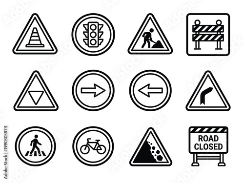 Traffic and road safety signs line icon set including warning regulatory informational symbols with line art falling rocks road closed traffic light regulatory information transportation