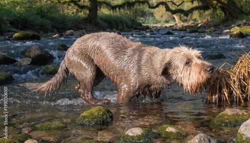 Shaggy Otterhound dog wading through a wild river in a forest, its natural hunting habitat.