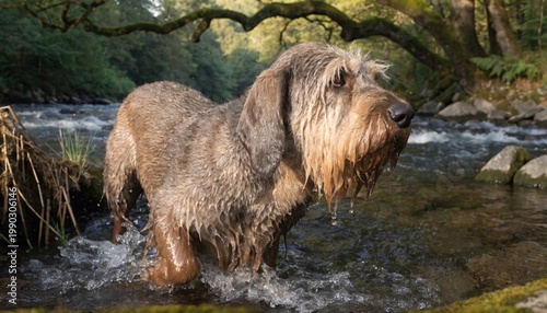 Shaggy Otterhound dog wading through a wild river in a forest, its natural hunting habitat.