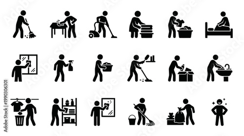 Black Silhouette Home Cleaning and Organizing Icon Set Household Chores Vector Collection