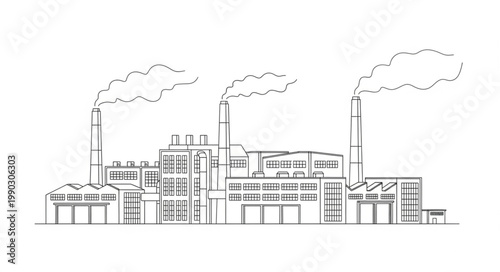 Industrial Factory with Smoke Stacks Emitting Smoke.