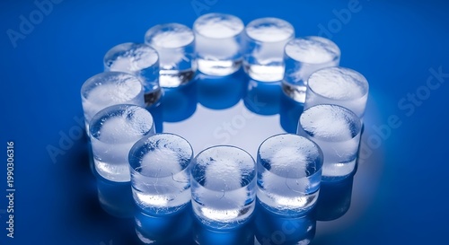 Frozen cylindrical blocks arranged in a circle on blue