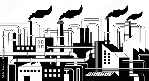 Industrial factory with smoke stacks and pipes illustration.