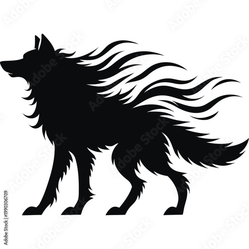 Windblown wolf silhouette standing powerfully against the wind