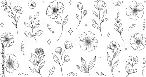 Hand Drawn Floral Line Art Set with Elegant Botanical Flowers and Leaves in Black and White for Wedding Design, Invitations, and Creative Projects.