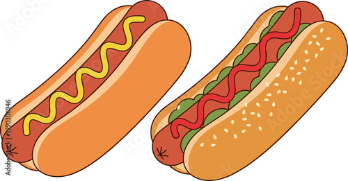 Cartoon hot dogs with mustard ketchup toppings