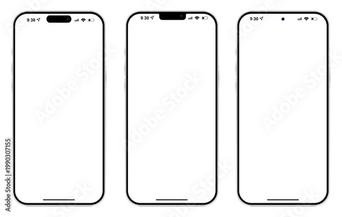 Set of professional iphone vector mockups with dynamic island, notch, and punch-hole designs. Ideal for minimalist UI/UX mobile app presentations and web design layouts. Fully editable icons