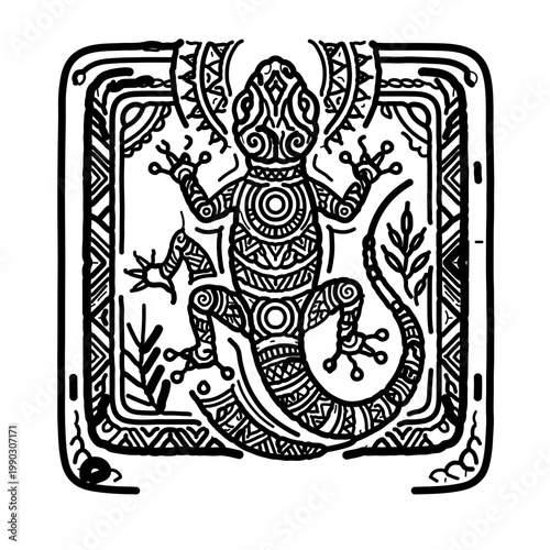 black and white gecko icon designed in a traditional tribal totem style. This artistic vector represents cultural heritage, a symbol of good luck, and a spiritual protector of the home.

