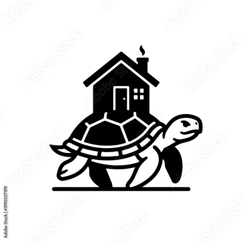 black and white turtle icon illustrating the concept of carrying "home" everywhere. This minimalist vector represents portable living, real estate, relocation services, and reliable logistics.
 