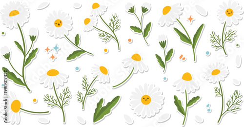 Cute Chamomile Daisy Floral Pattern with Hand Drawn Botanical Elements, Green Leaves, and Playful Spring Nature Background for Decorative Vector Design.
