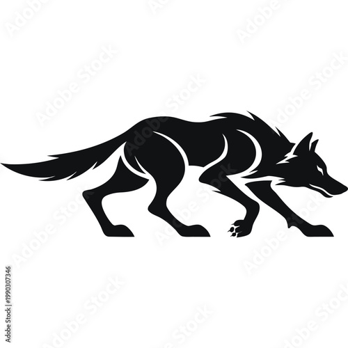 Stalking wolf silhouette vector icon, crouched animal pose