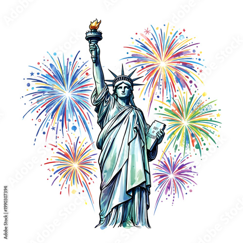 A vibrant illustration of the Statue of Liberty holding a torch with colorful fireworks exploding in the background on transparent background