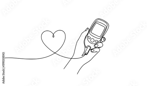 Continuous line art glucose meter in hand with heart symbol for World Diabetes Day awareness and blood sugar control concept