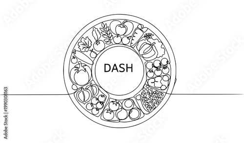 Continuous line art healthy balanced diet plate for diabetes management and glycemic index nutrition concept
