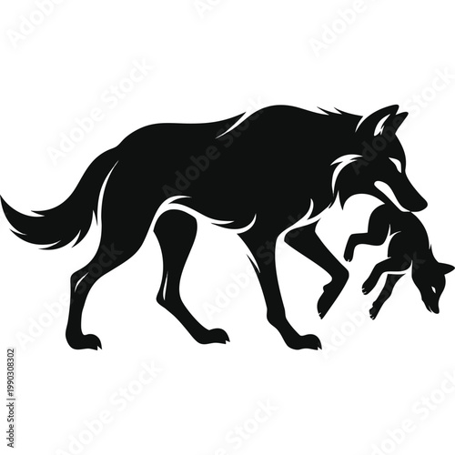 Wolf carrying pup silhouette, family bond illustration