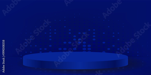 3D dark blue cylindrical podium background with lighting dot in semi circle shape. Minimalist mockup pedestal. Abstract product display scene presentation, Stage for showcase. Vector platforms design.