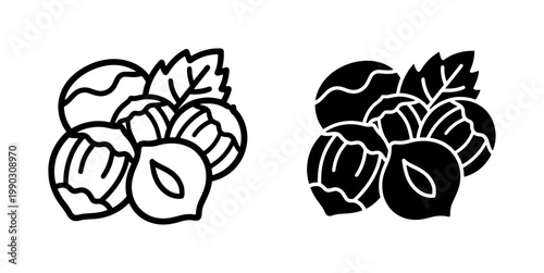 Hazelnut line and silhouette icon set with leaf