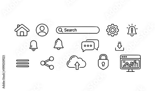 Modern UI interface icon vector set with home search profile settings and app control symbols in outline style