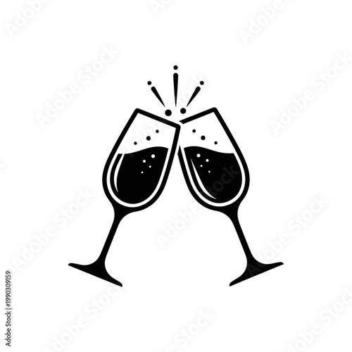 Two wine glasses clinking in a celebratory toast black and white design