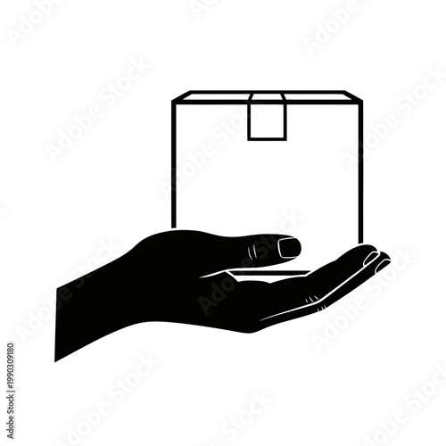 A black and white illustration of a hand holding an open box