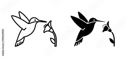 Hummingbird flying to flower icon set in outline and solid style