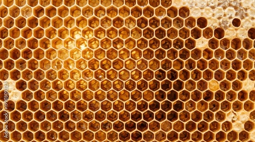 Fotografie Honeycomb Pattern Filled with Golden Honey Macro