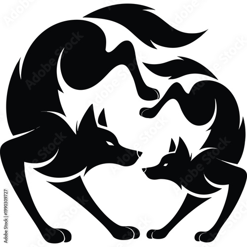 Playful wolf silhouettes interacting together vector icon