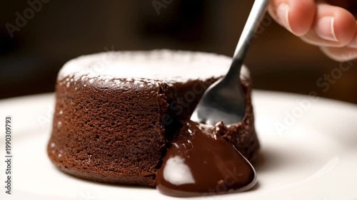 Indulge in a delightful moment as a fork gently breaks into a warm, luscious chocolate lava cake, revealing its irresistible molten core and inviting sweetness