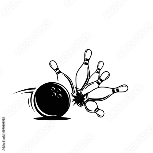 A black and white illustration depicting a bowling ball striking pins