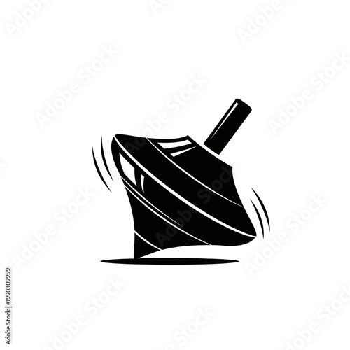 A black silhouette of a spinning top with motion lines