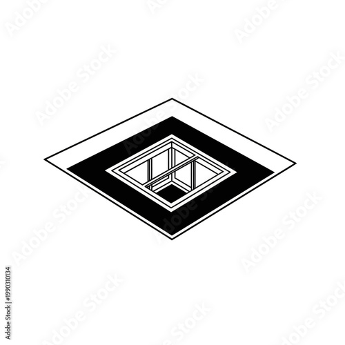 Black and white geometric design featuring nested squares and a central window