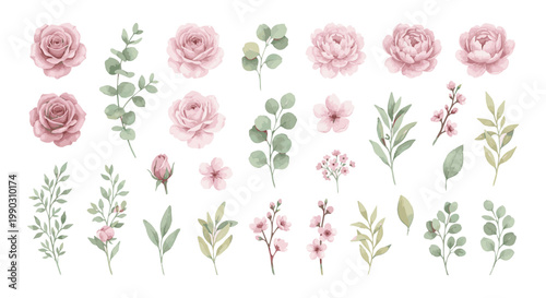 Watercolor Pink Roses and Greenery Floral Elements Collection.