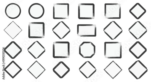 A diverse collection of geometric shapes including circles, squares, rectangles, and diamonds with textured dark borders.