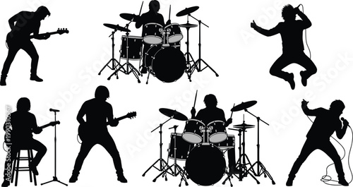 Set of Dynamic Rock Band Member Silhouettes Featuring Drummer with Full Kit, Electric Guitarists, and Energetic Vocalist for Live Concert and Music Festival Designs