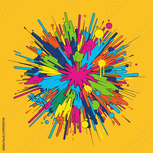Vibrant multicolored paint splatter explosion.